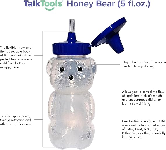 TalkTools Honey Bear Straw Cup with Handle, 5oz Soft Straw Trainer for Babies & Toddlers 4+ Months Easy-Grip, Dishwasher Safe.