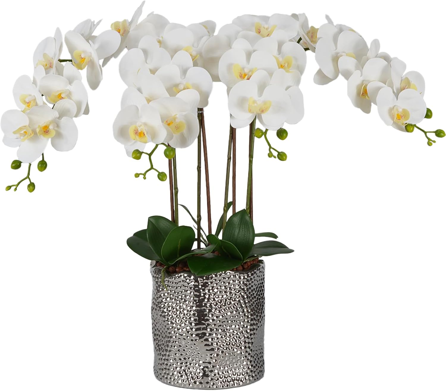W&W Artificial Orchid Plants & Flowers Arrangement in Ceramic Pot, Fake Faux White Orchid with Silver Vase,Extral Large 26 inches White-silver 04