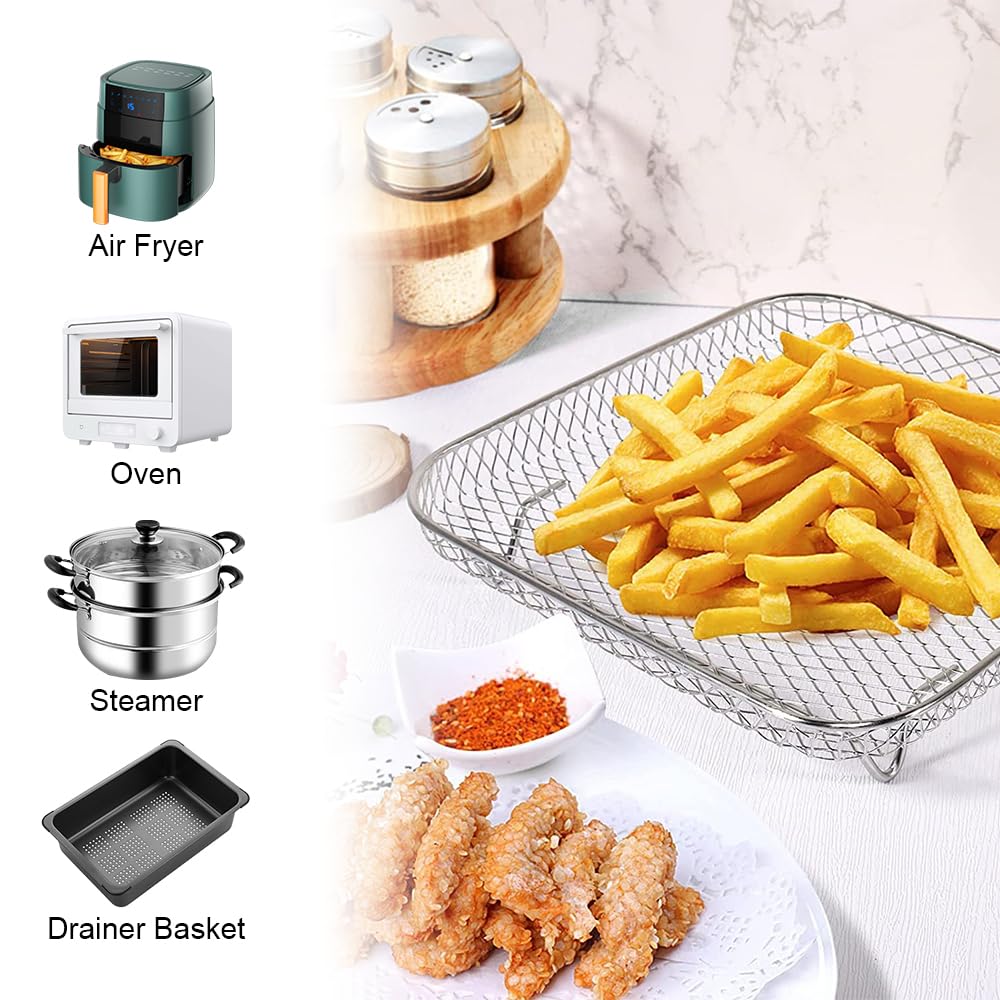 Vierkante roestvrijstalen luchtfriteuse mand 20,8 x 20,8 x 7,1 cm met Vierkante roestvrijstalen luchtfriteuse mand 20,8 x 20,8 x 7,1 cm met