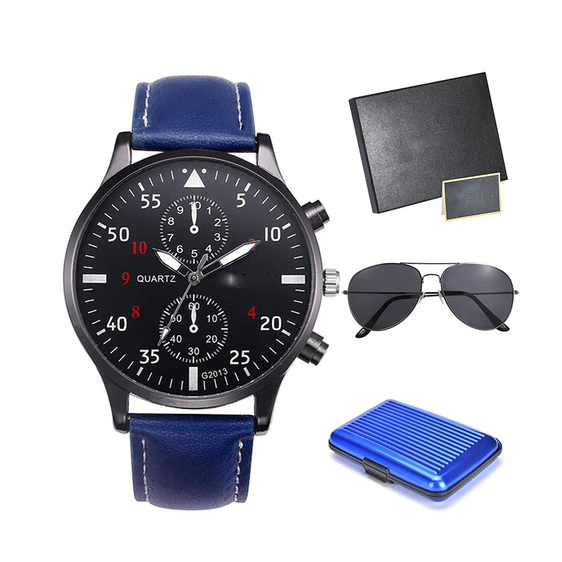 HMTE Orologio da Uomo Set Orologio da Polso al Quarzo Custodia per Carte di Credito Occhiali da Sole Set Regalo Compleanno Ringraziamento Regali di Natale (Color : Blue) (Blue)