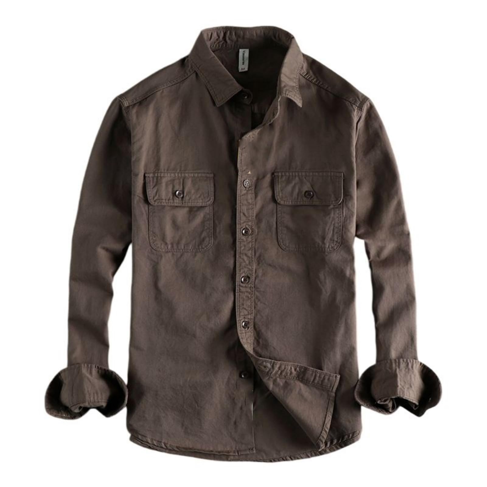 Camicia cargo da uomo in cotone vintage tinta unita maniche lunghe vestibilità regolare tasche multiple traspirante