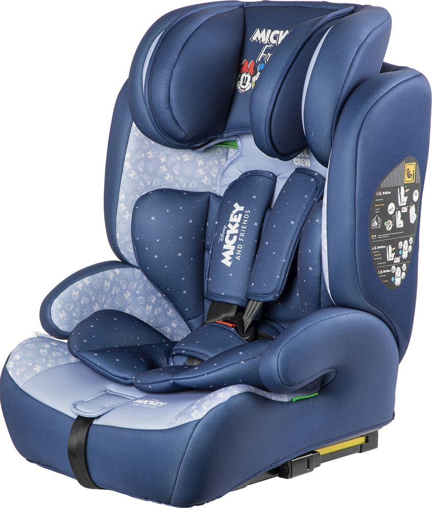 Disney Mickey Mouse Autositz Mit ISOFIX-Befestigung Für Kindersicherheit Mit Einer Körpergröße Von 76 Bis 150 Cm Mit Grafiken Von Mickey Mouse Und Seinen Freunden Auf Blauem Hintergrund