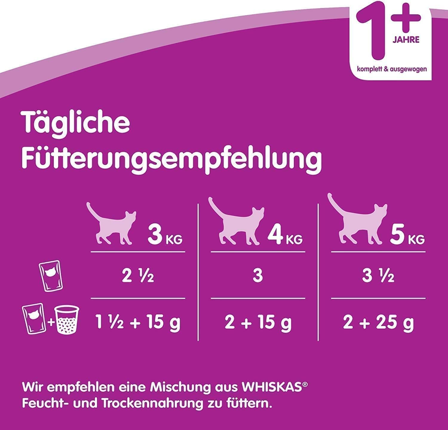 Whiskas 1+ Katzennassfutter – Geflügel Auswahl in Gelee – Hochwertiges Feuchtfutter für ausgewachsene Katzen im Portionsbeutel – Katzenfutter – Großpackung (120 x 100g)