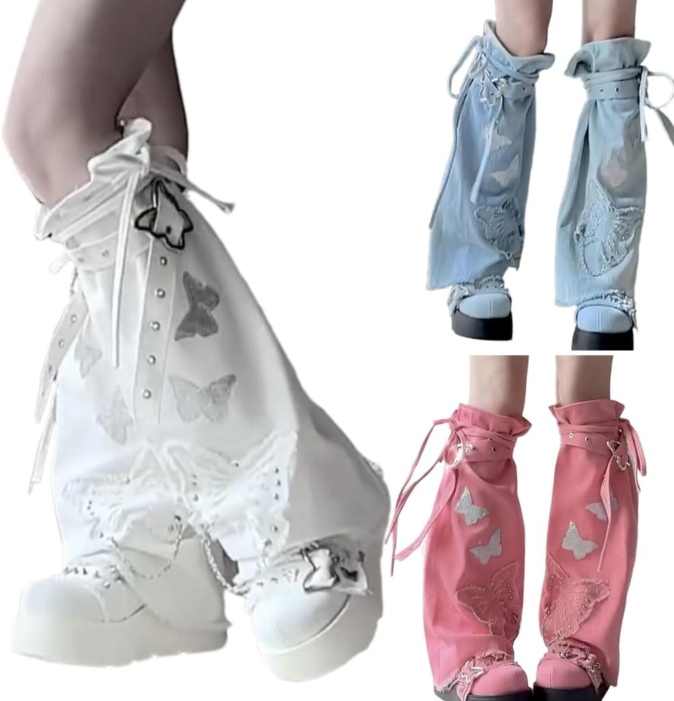 Women Punk Leg Warmer with Buckled Bandages Harajuku Butterfly Boot Cover Sock