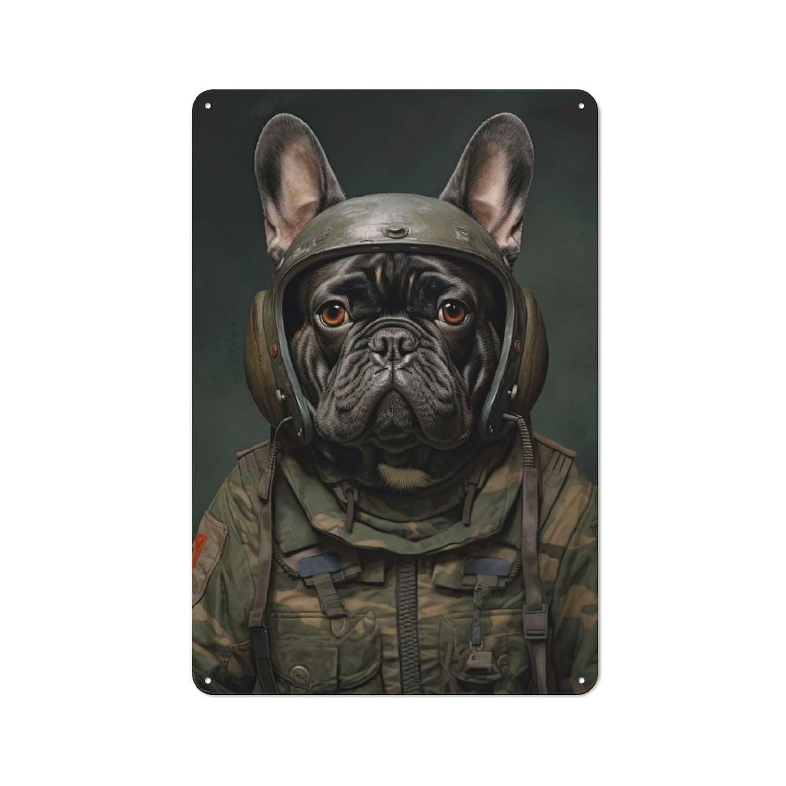 Junmoney Style-20 Metal Wall Sign 30X20cm Featuring French Bulldog Soldier For Garage Or Workshop, For Vintage Wall Decor Fans, For Metal Sign Collectors