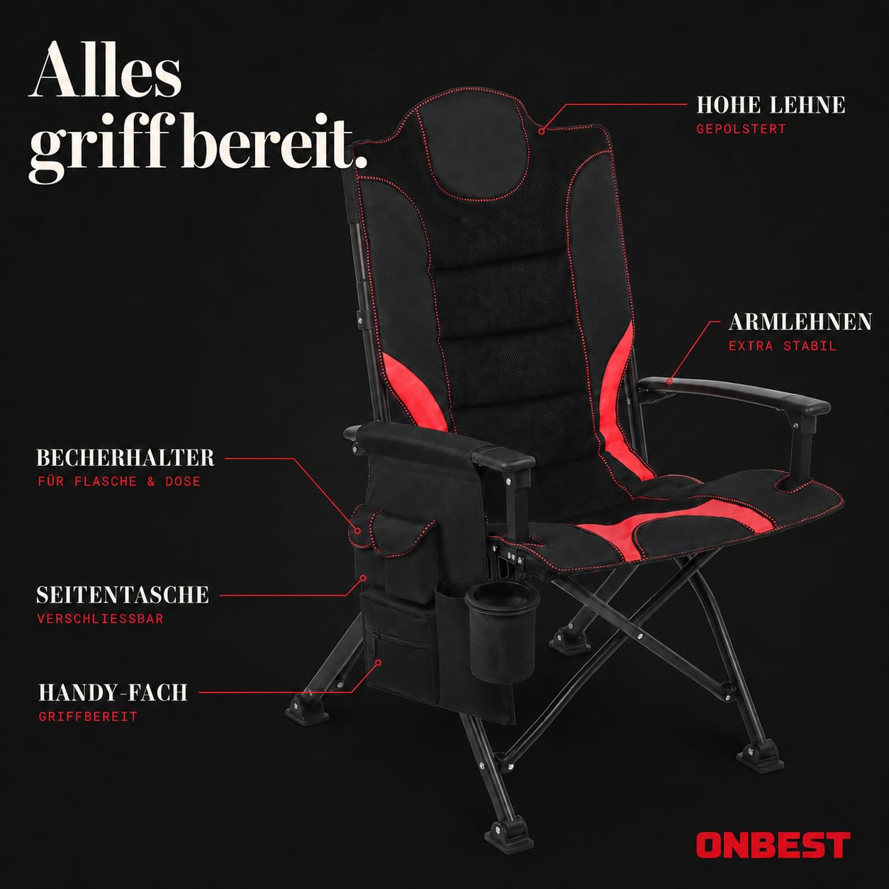 Onbest Campingstuhl faltbar, Hochlehner bequem gepolstert mit viel Stauraum, Getränkehalter, 2 Armlehnen, bis 150 kg belastbar, Klappstuhl kompakt & leicht mit Tasche, Camping Stuhl