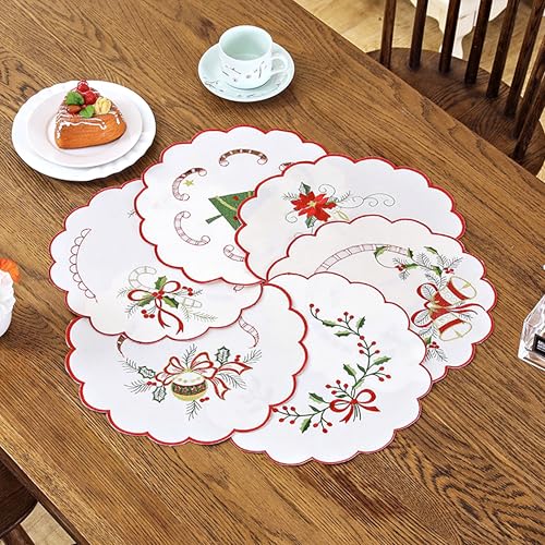 Vacfulliven Jogo americano de Natal, conjunto de 4 tapetes redondos de 29 cm bordados, estampa de fl