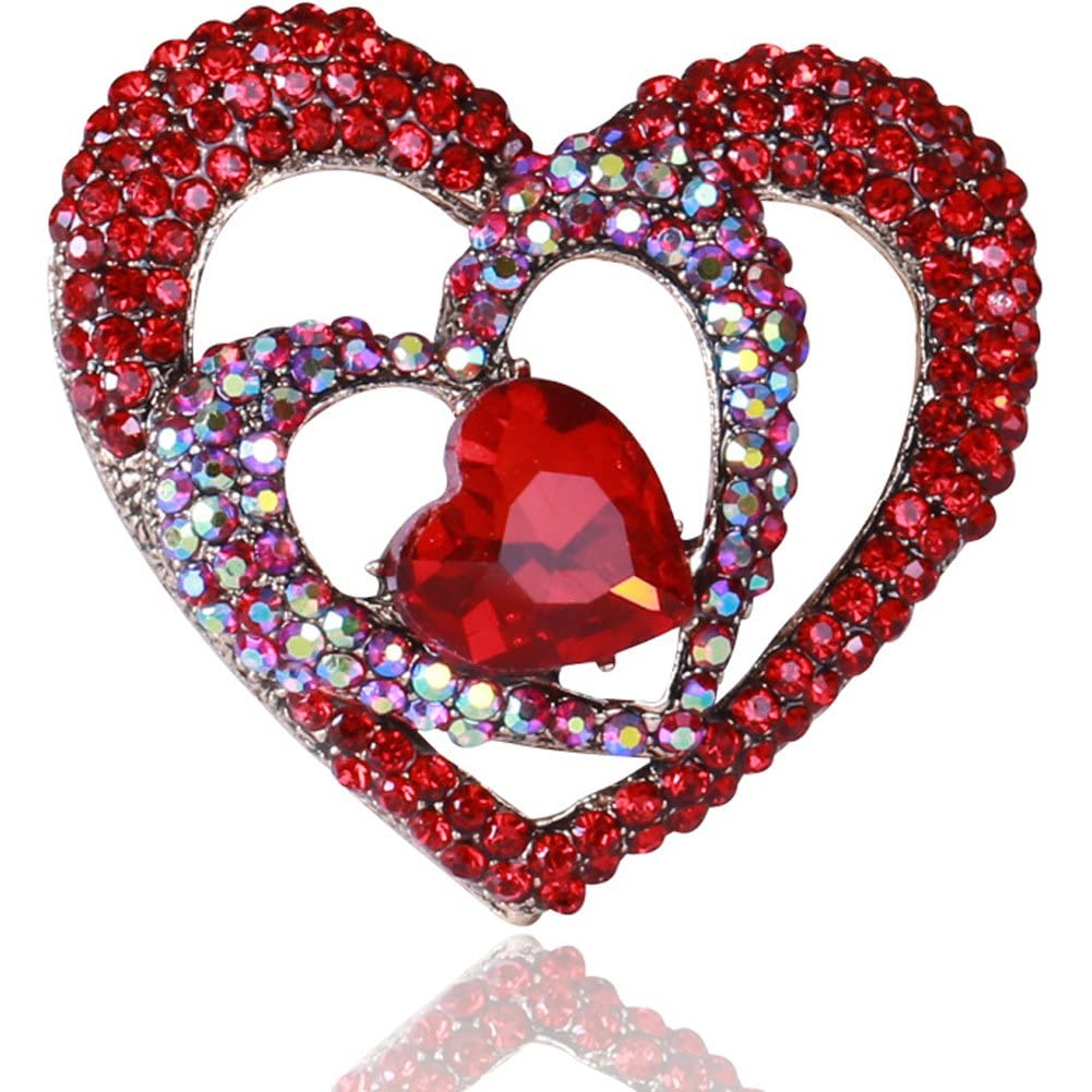 Stakee Women's Red Heart Shaped Brooch Rhinestone Inlaid Brooch Heart Brooch Bling Crystal Brooch Clothing Accessory