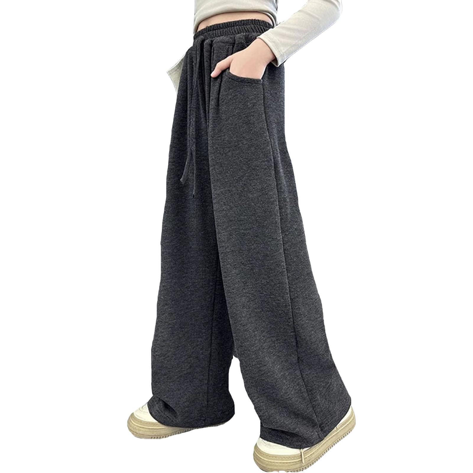 Boys' Open Bottom Fleece-Lined Sweatpants with Pockets High Elastic Waist Baggy Wide Straight Leg Pants 5-15 Years