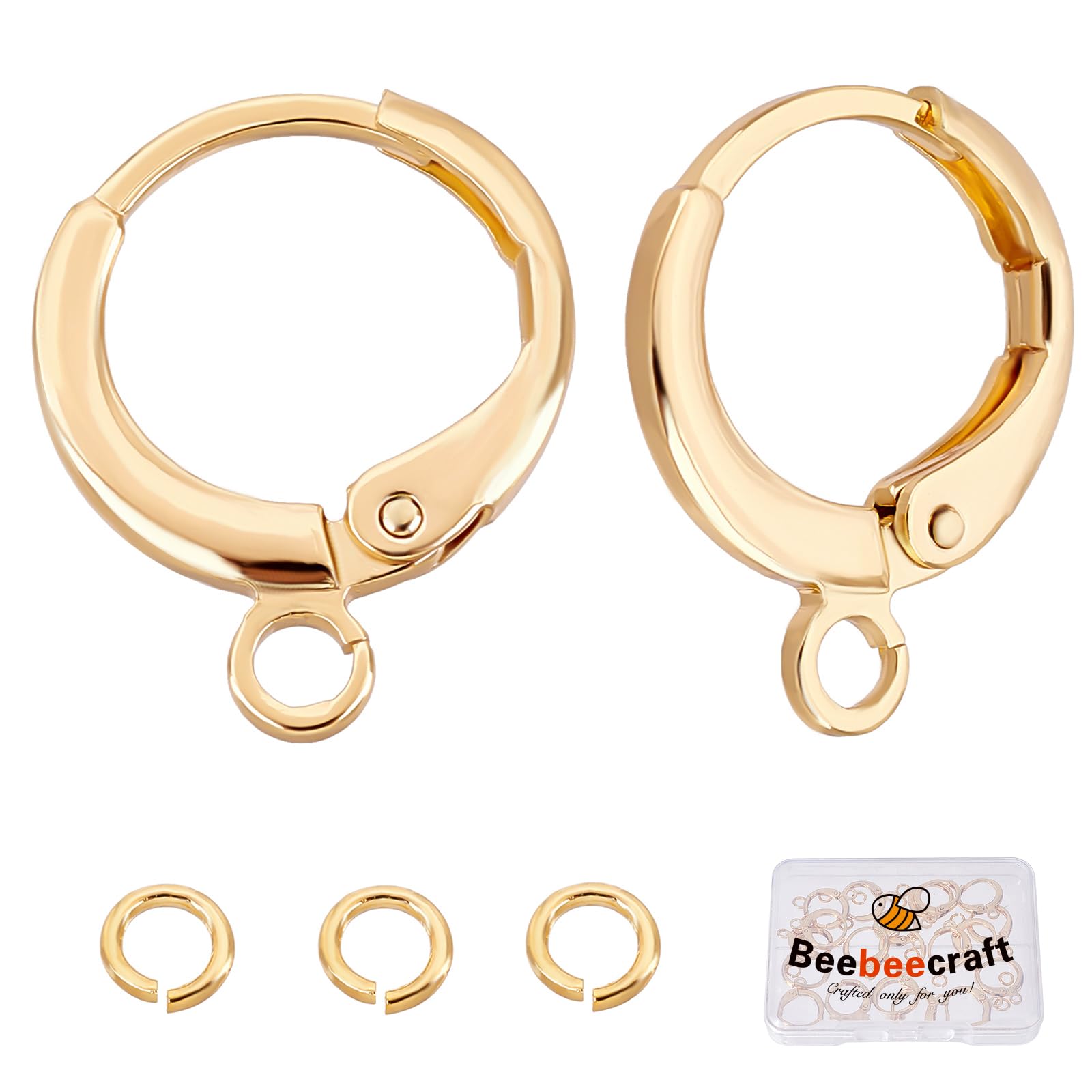 Beebeecraft 20Pcs/Box Round Earring Hooks 18K Gold Plated Leverback Hoop Earring with Loop 14.5x11.5mm French Ear Wires with 4mm Jump Ring for DIY Jewellery Making Crafts