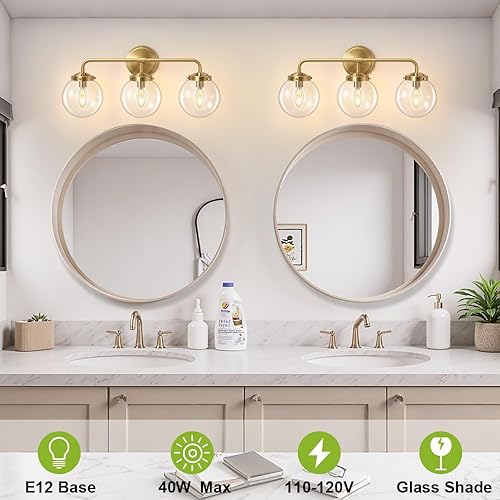 Miniatura 2 de Lámparas doradas para tocador de baño, modernas luces de latón de 3 luces con pantalla de bola de vidrio transparente, luces de tocador de granja de
