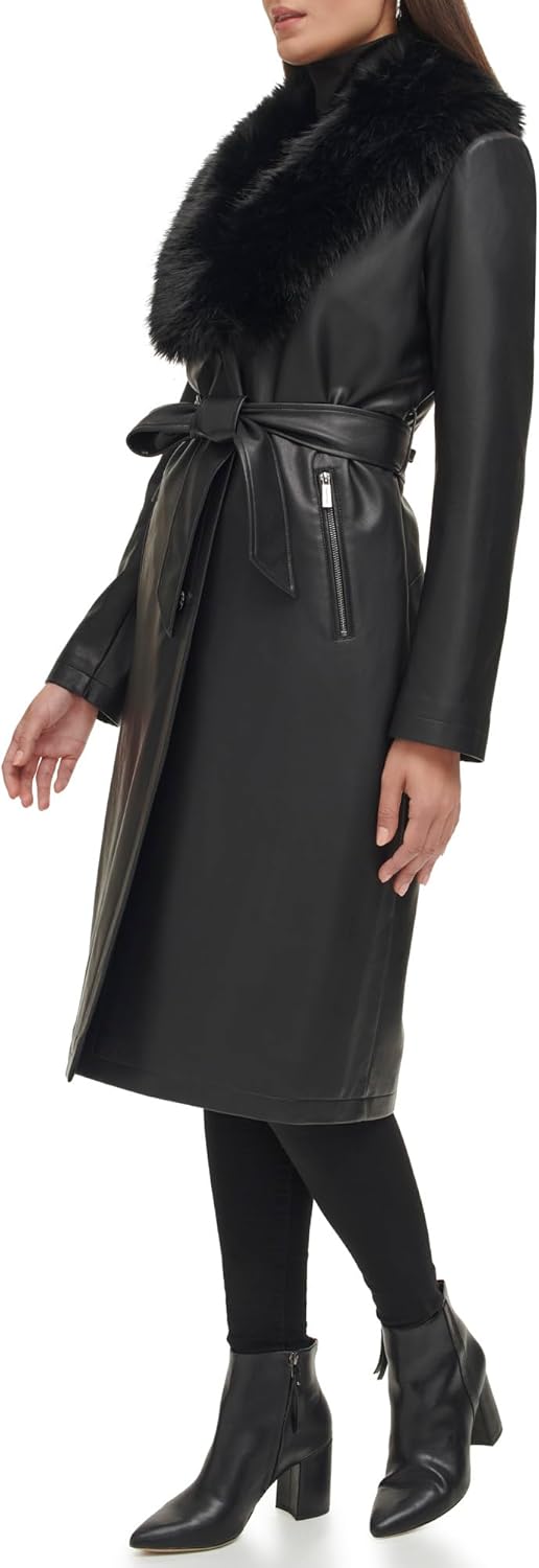 Kenneth Cole Women's Faux Leather & Faux Fur Belted Trench Coat - Image 3