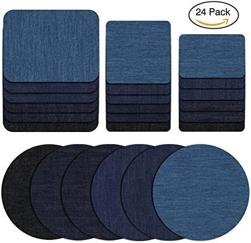 24 Pcs Iron On Denim Patch Cotton Cloth Patches Iron-On Repair Kit for DIY Clothing Jeans Clothes Holes Mending and Decorating,5 by 3-3/6 Inch