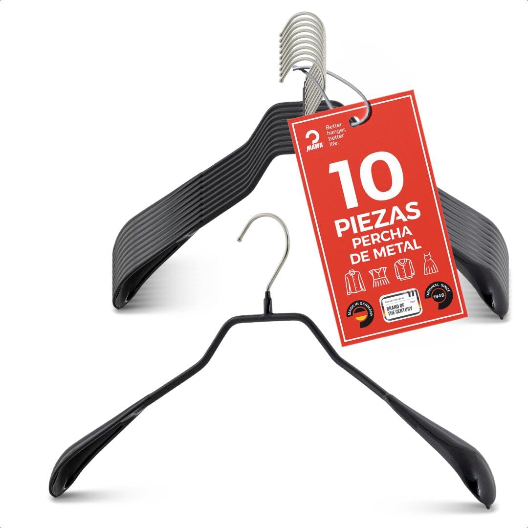 MAWA Perchas, Set de 10 Perchas Metálicas Ergonómicas, Ideales para Abrigos, Chaquetas, Blazers y Trajes, Gancho Giratorio 360°, Revestimiento Antideslizante, 42 cm, Negro