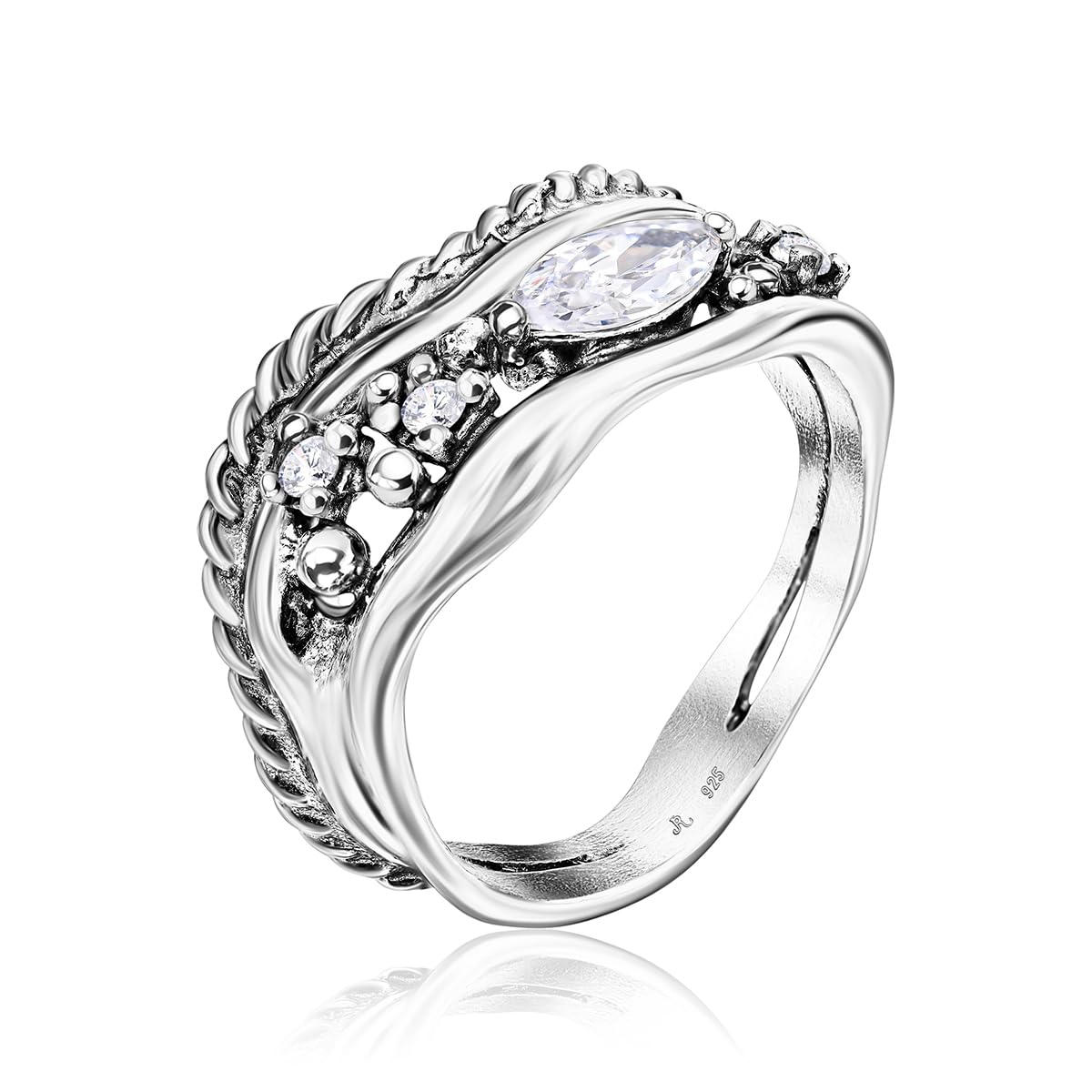 925 Sterling Silber Statement Ring mit weißem Zirkonia, gebogenes Seil Marquise Vintage Design, hypoallergen, nickelfrei, bleifrei, handgefertigte Designer-Kollektion