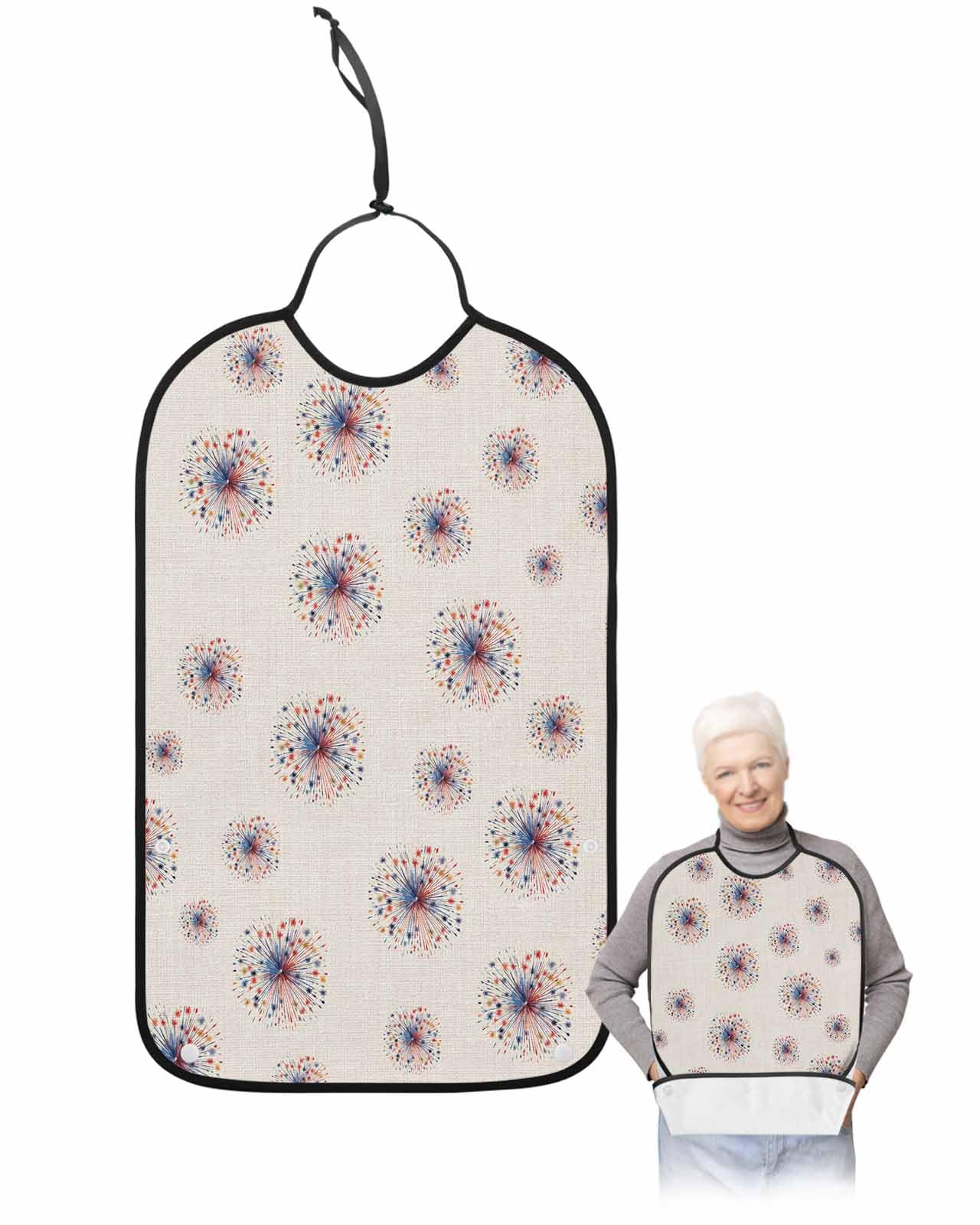 LEOKOTI 4th of July Fireworks Adult Bibs for Eating, Waterproof Bibs with Food Catcher & Adjustable Snap Closure, Blue Red Independence Day Washable Clothing Protectors Adult Bibs for Elderly