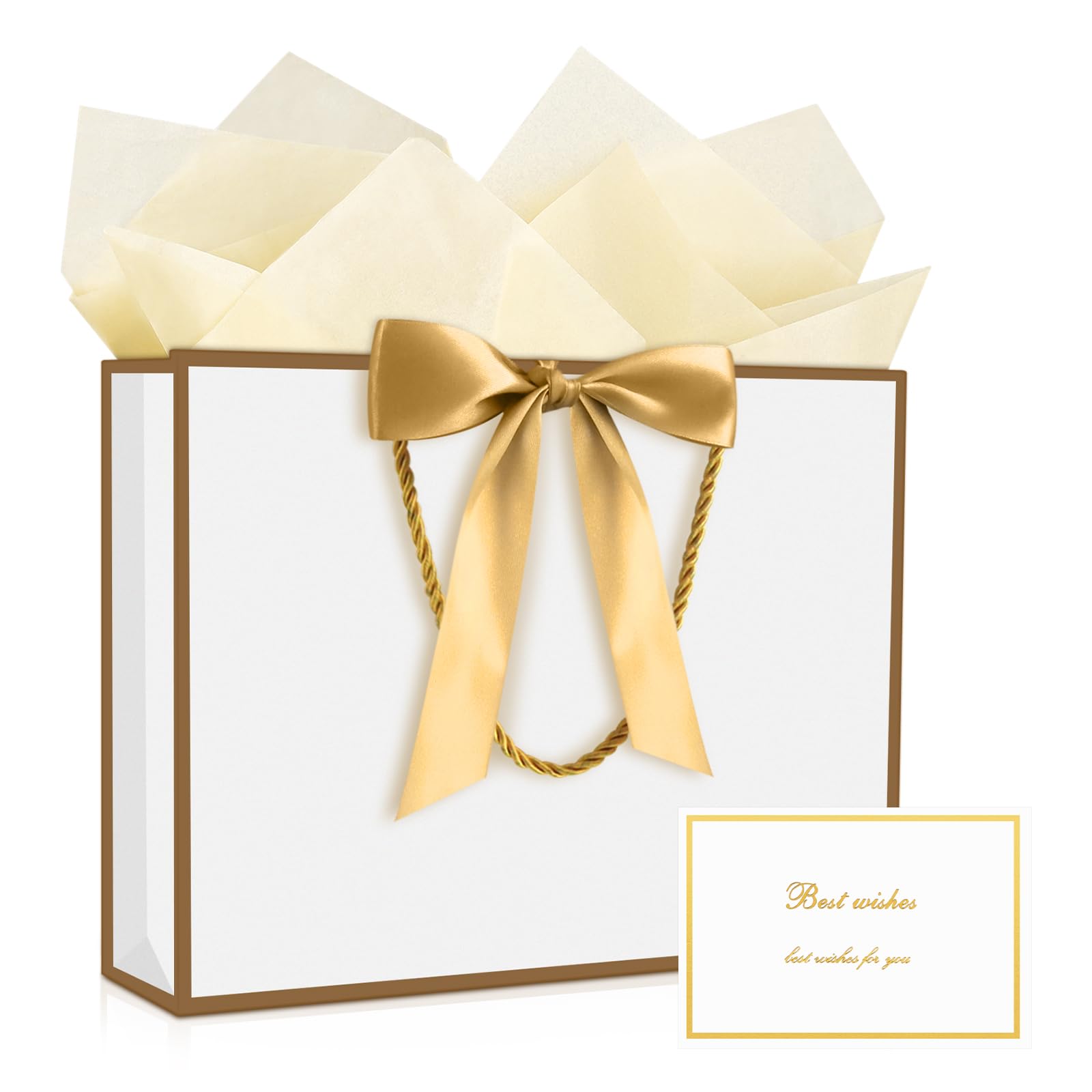 YoungTree Gift Bags with Handles, 13" Medium Gift Bag with 2 Tissue Paper and 1 Card, Present Bag for Graduation Wedding Baby Shower Bridal Shower Birthday Party Supplies (White-Gold)