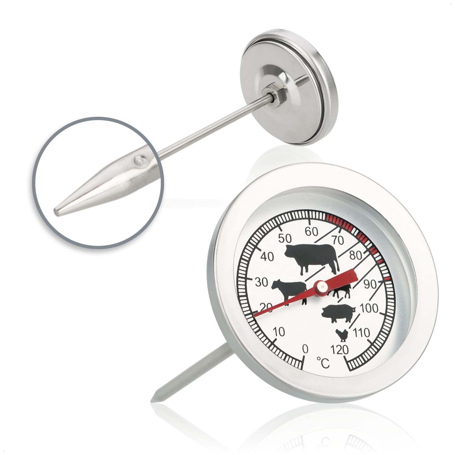 com-four® Termómetro para Asados de Acero Inoxidable - Termómetro Analógico de Carne hasta 120 °C - Termómetro de Parrilla - Aguja de Carne - 10 cm (001 pieza)