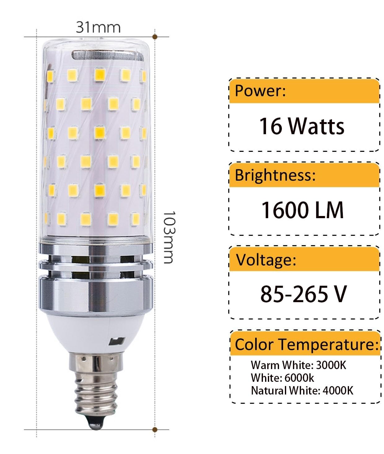 ampoule, Ampoule LED E12 12 W, 85-265 V, équivalent halogène 120, culot à vis, 1200 lm, non dimmable, lot de 4(Cool White,16W)