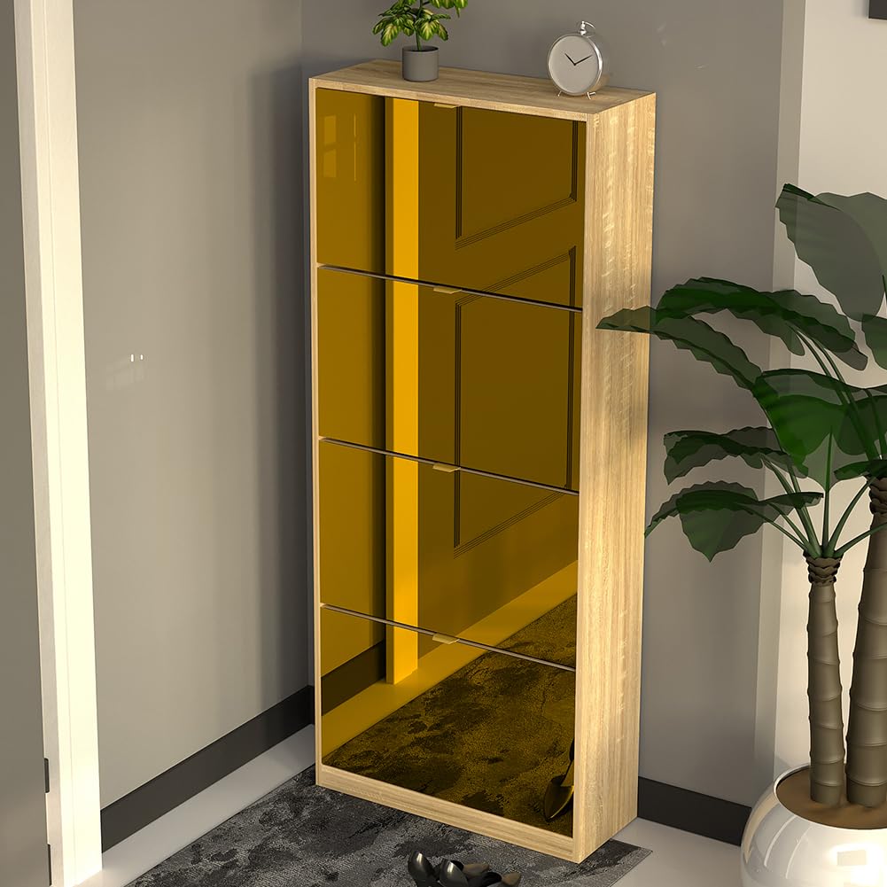 BAKAJI Scarpiera con Ante a Specchio Ribaltabili, Porta Scarpe con Ripiani a Ribalta e Maniglie, Struttura Salvaspazio Design Moderno, Ideale per Soggiorno, Ingresso, Salotto, Ufficio (4 Ante Bronzo)