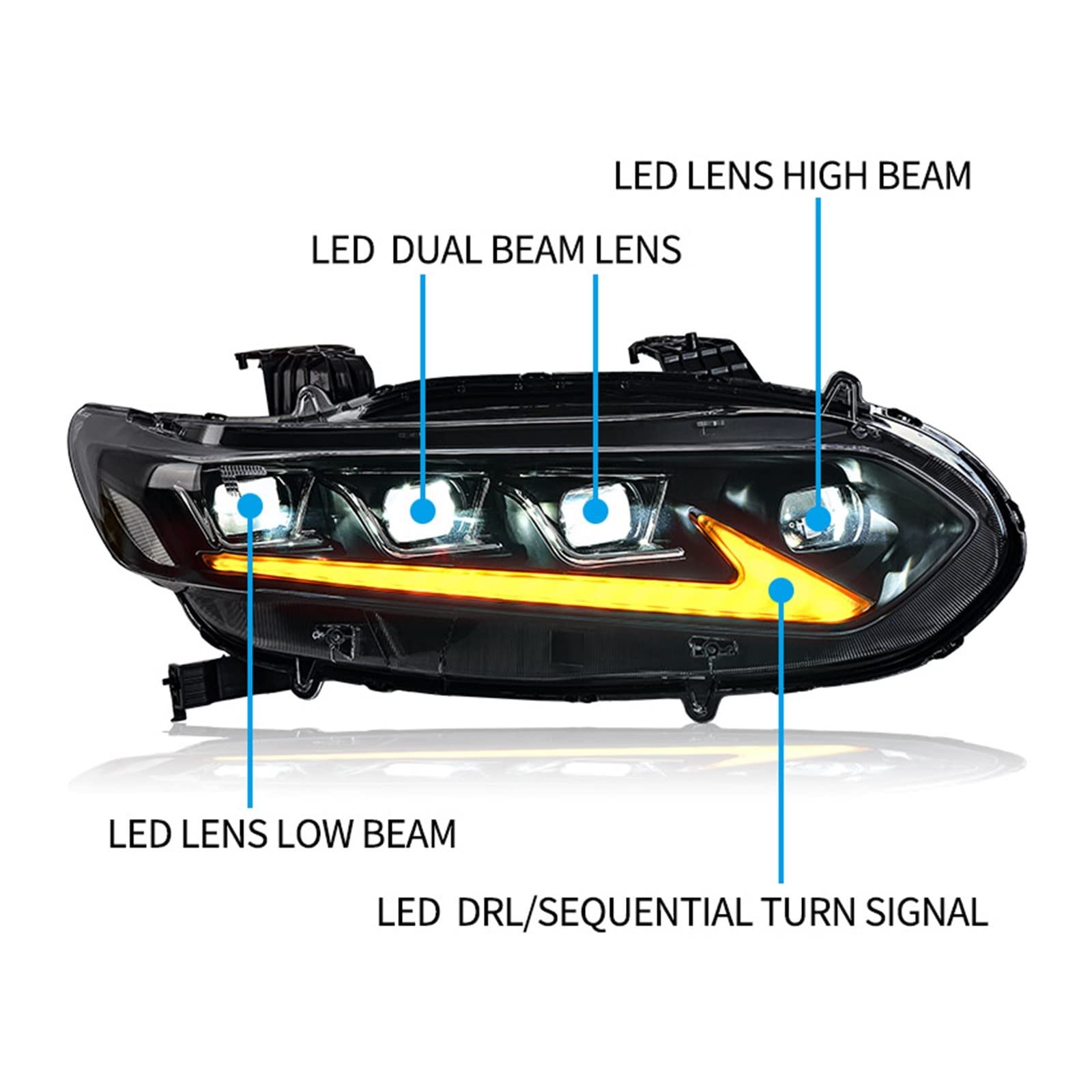 Headlight Assembly Compatible With Accord 2018-2020 LED DRL LED Dual Beam Lens LED Sequential Turn Signal LED Lens High Beam