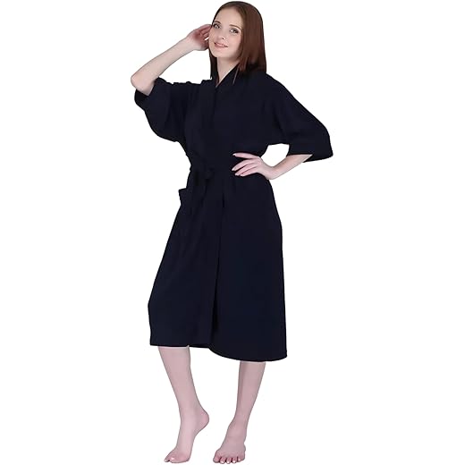 Kuber Industries Micro Terry Cotton Bathrobe for Women | Bathing Dress/Bath Robe for Women | Navy Blue, Free Size, Set of 1