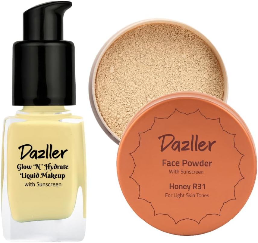 Dazller Face Combi Pack (Honey R31) : Moisturizing Liquid Makeup (Tinted Finish), 27mL + Face Powder (Soft Finish), 30g, Lightweight, with Added Sunscreen, Skin-Friendly Ingredients, Paraben-Free, 100% Vegan, Perfect Everyday Wear