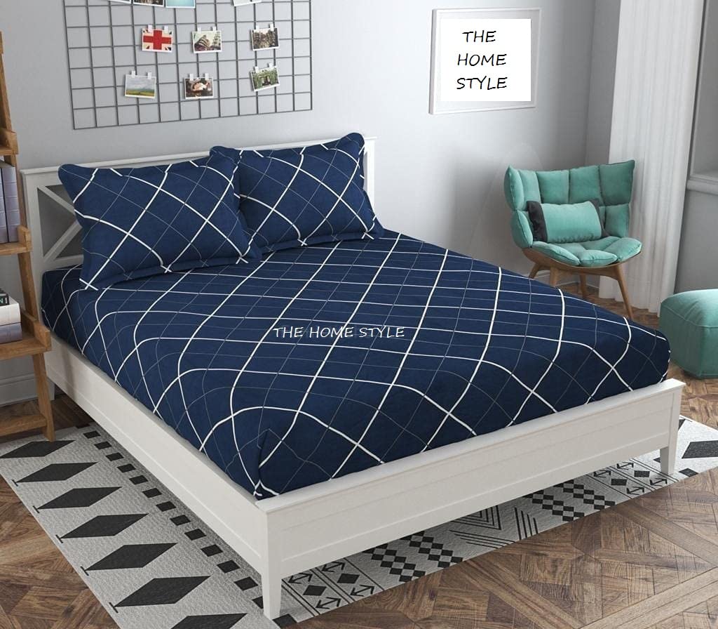 THE HOME STYLE Cotton Feel Glace Cotton All Around Elastic Fitted Printed King Size Double Bed Bedsheet With 2 Pillow Cover(72"X78",Navy Blue),300 TC
