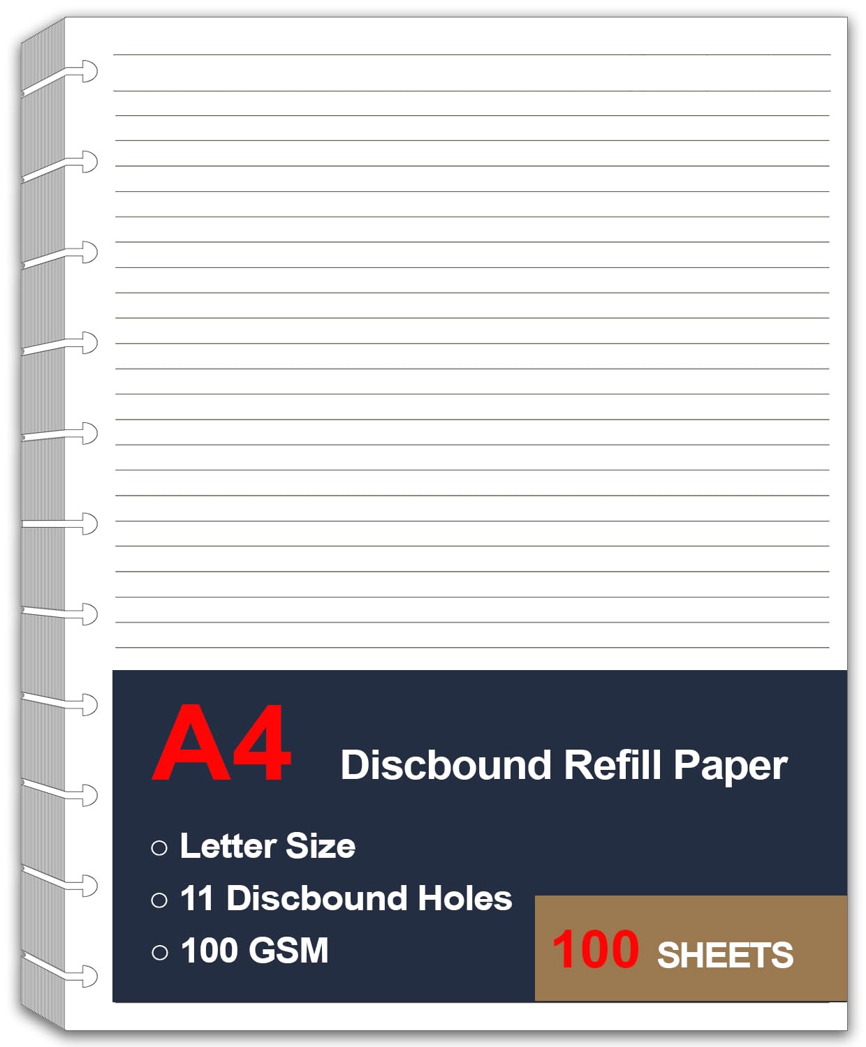 Papier uzupełniający A4 TUL w linie Discbound, 11 arkuszy papieru wypełniającego w linie z dziurkowanym otworem, papier do napełniania listów, 100 arkuszy / 200 stron, papier liściasty, papier 100