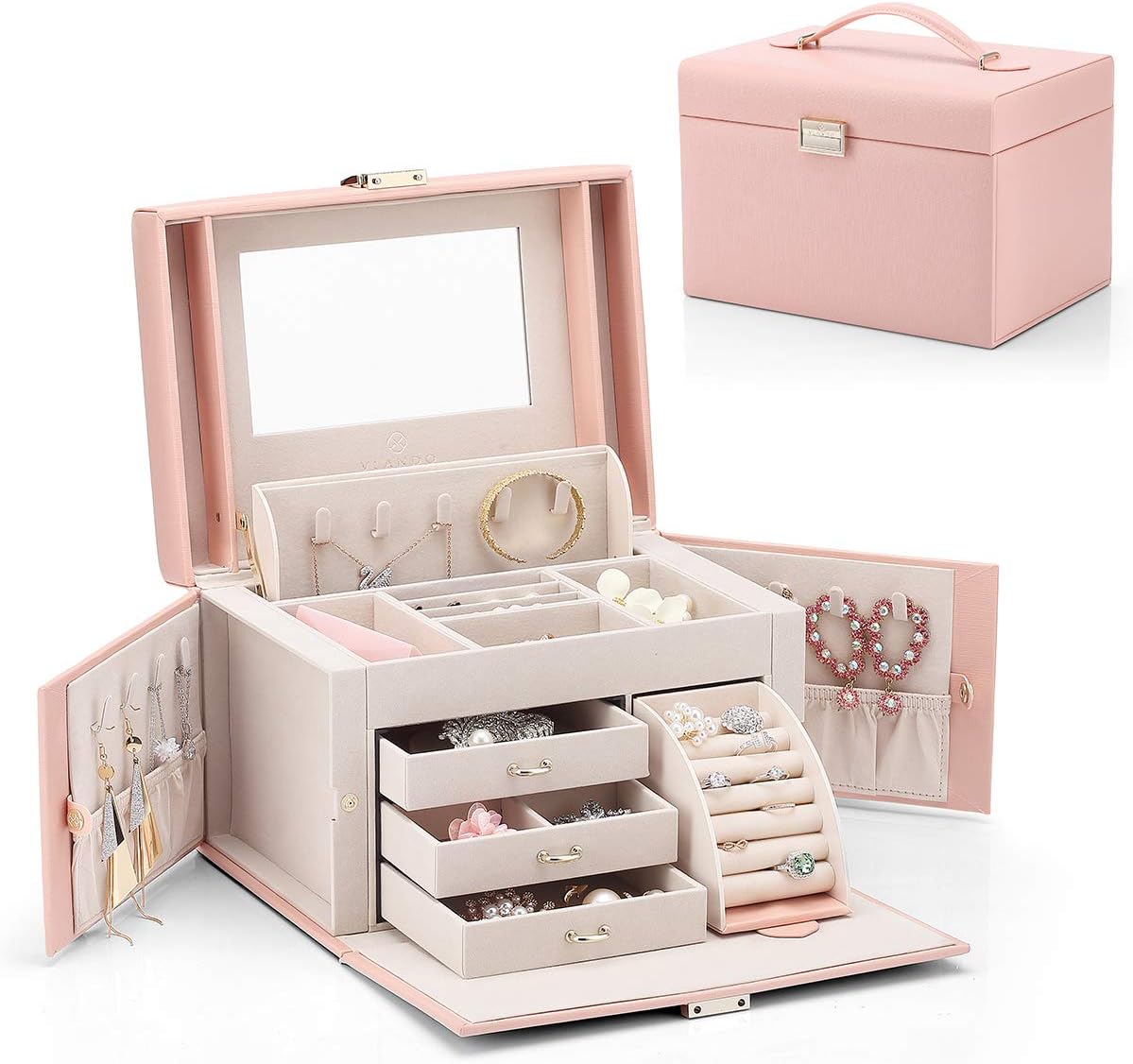 Vlando Jewelry Box, Faux Leather Medium Jewelry Organizer, Vintage gift for Women -Pink-Cross Pattern : Clothing, Shoes & Jewelry