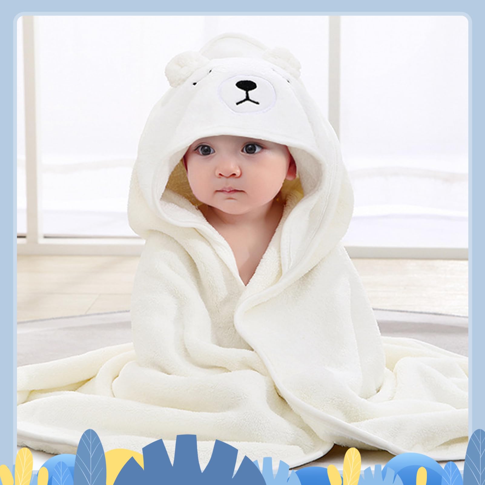 2 Pièces Serviette de Bain Capuche Bébé,Cape de Bain à Capuche,Serviette Housse,Sortie de Bain Bébé avec Design Animal,80 x 80 cm (Bleu et Blanc