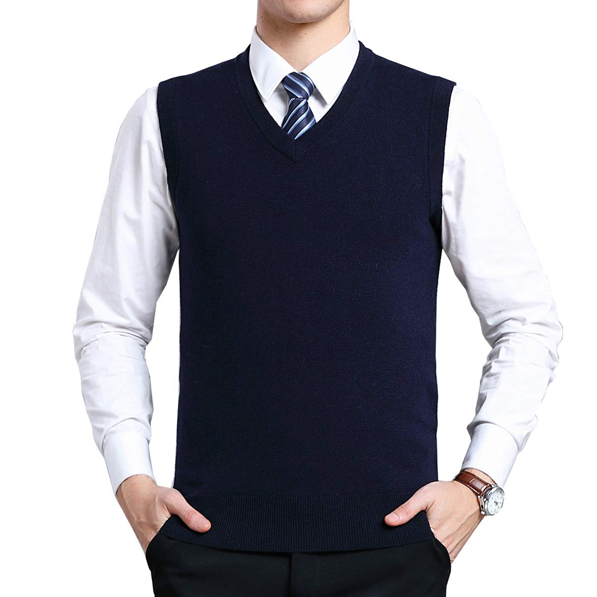 Biutimarden Men's Navy Blue_1680 Moren Classic Casual V-Neck Sleeveless Jumper Knitted Gilet Sweater Waistcoat Solid Color Knitwear Vest Gentleman Cardigans Wool Tank Tops Navy, S