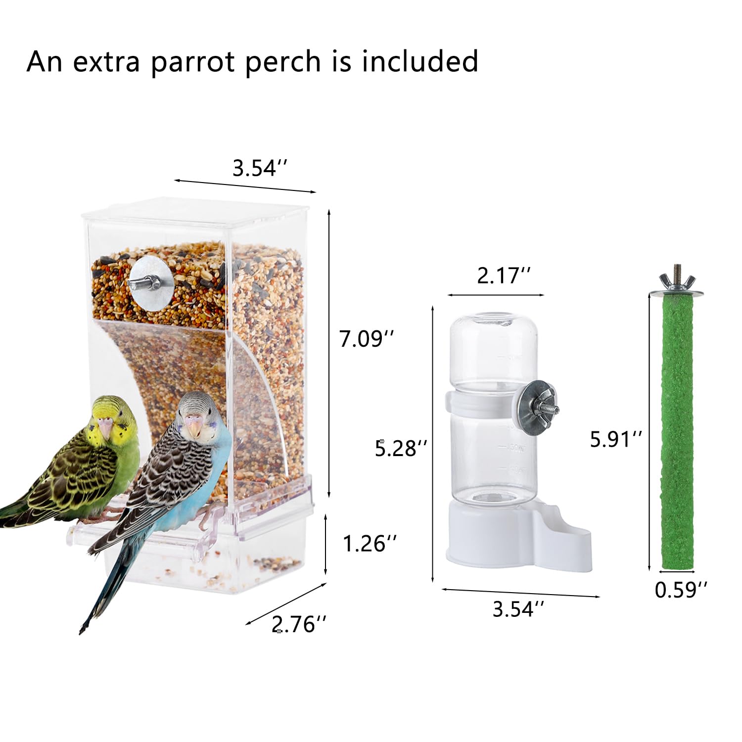 IBWell Juego de 3 comederos y bebederos automáticos para jaula de pájaros, dispensador de agua para loros, semillas de pájaros y loros, percha para loros para jaulas