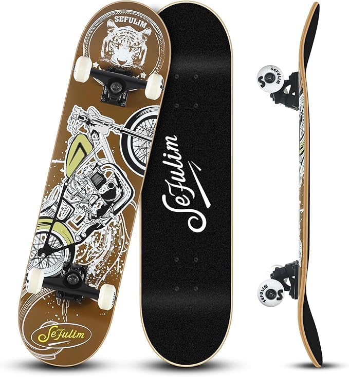 Sefulim 31 x 8 Inch Complete Skateboard 7 Layer Canadian Maple Double Kick Deck Concave Cruiser Trick Skateboard for Boys Girls Teens Adults Beginner ﻿