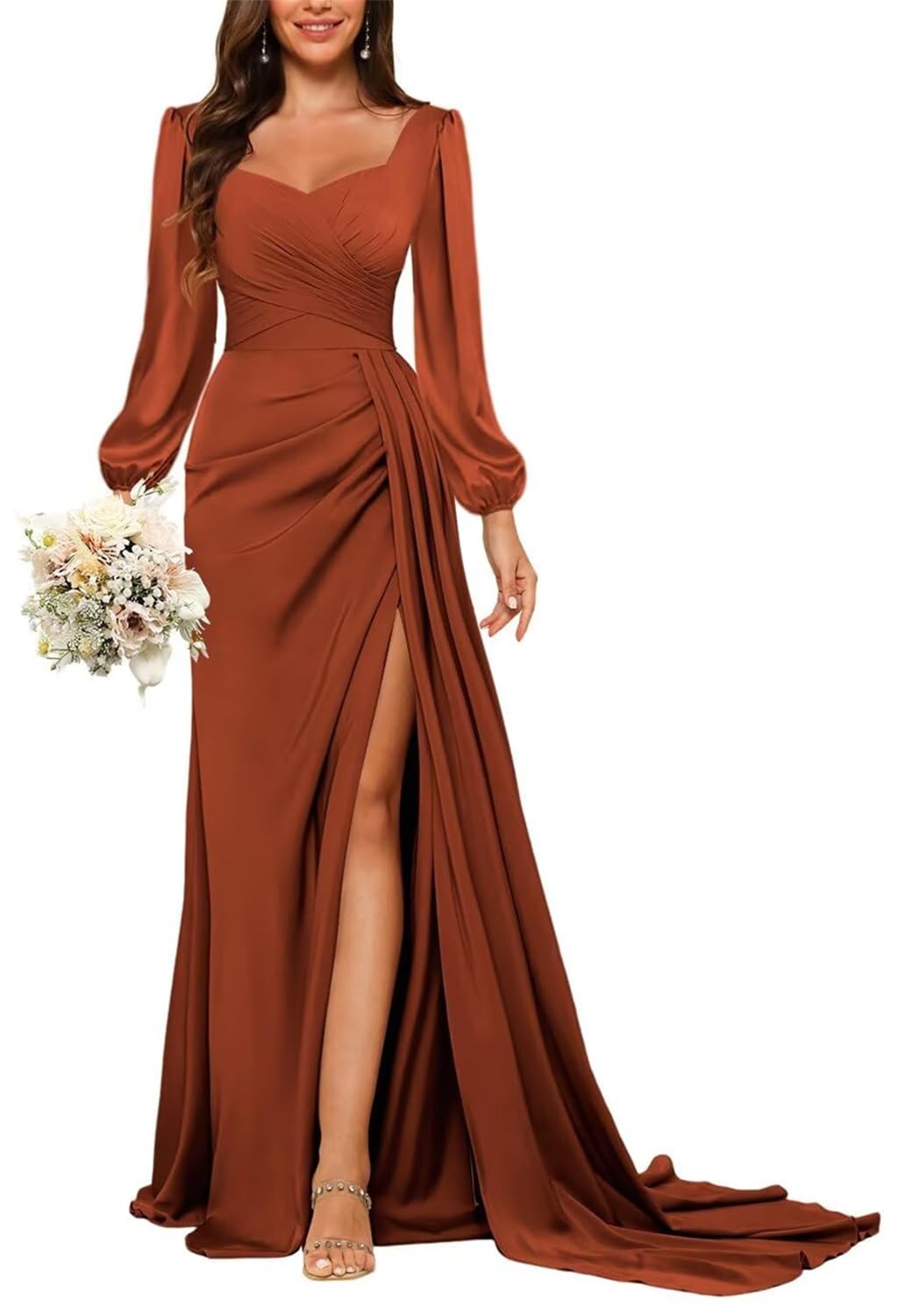 Hppee Women's Burnt Orange Satin Prom Dresses With Slit For Teens 2025 Corset Mermaid Long Sleeve Bridesmaid Dress For Wedding Uk16