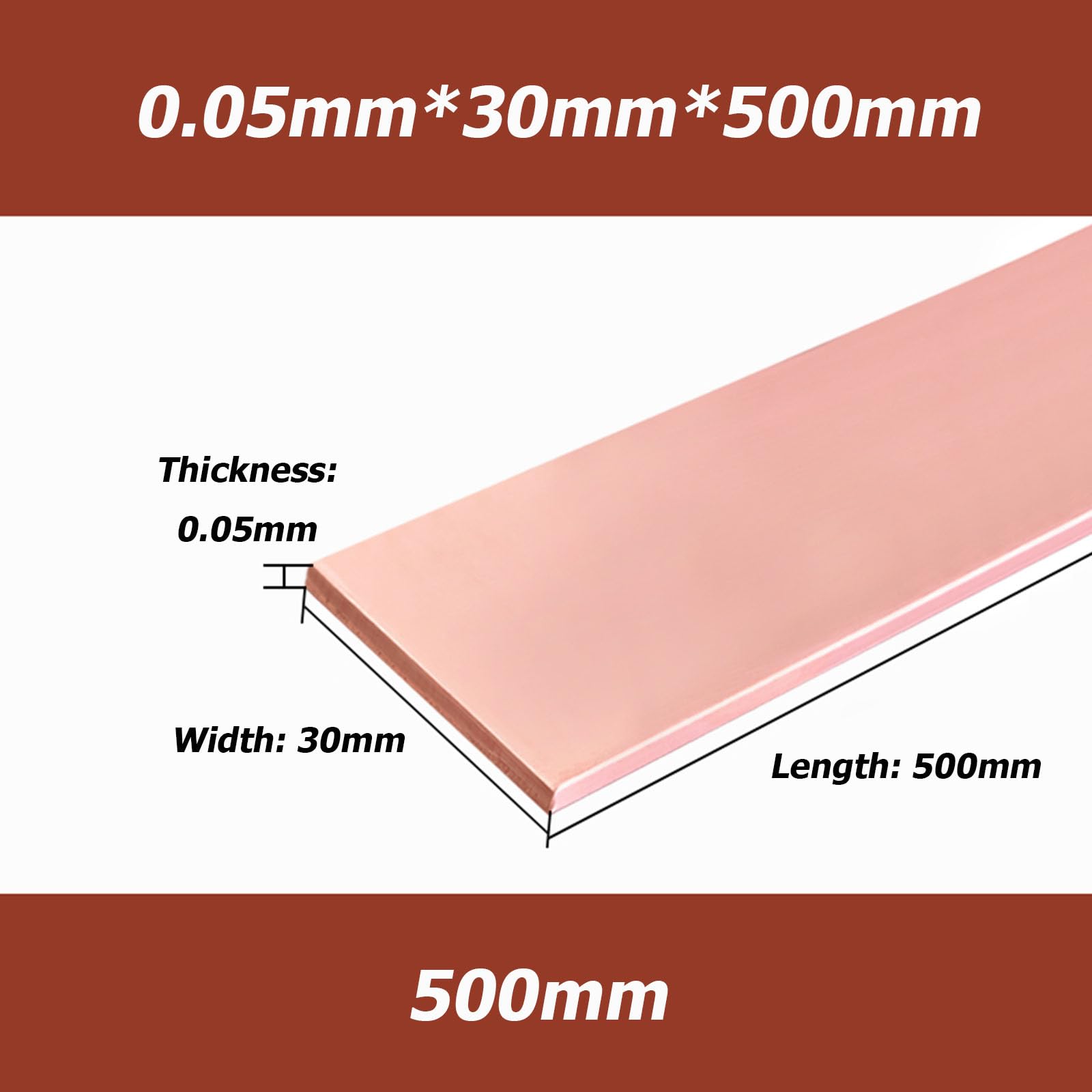 CXGBQSJ 99.9% T2 Pure Copper Flat Bar,Copper Strip for Electrical Grounding, DIY Crafts, Electroplating, 500mm Length,0.05 * 30 * 500mm