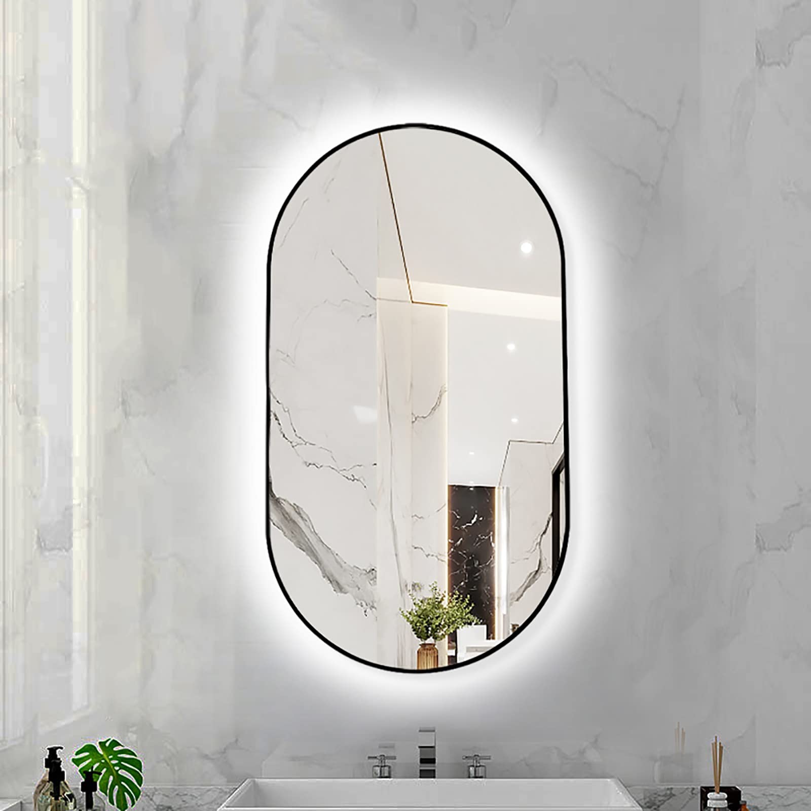 FGXHHS LED Oval with Metal Frame, Backlit Illuminated Lighted Wall Hanging Vanity for Bedroom Entryway (Color : Black Frame- White Light, Size 40X70CM)