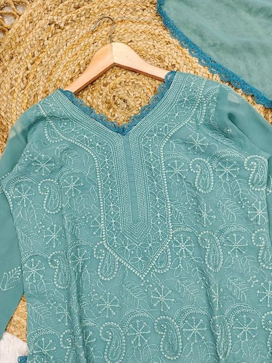 Image of Women's Chikankari Embroidered 3 Piece Suit Set in Faux Georgette - Long Gown Style Kurta with Lining with Dupatta