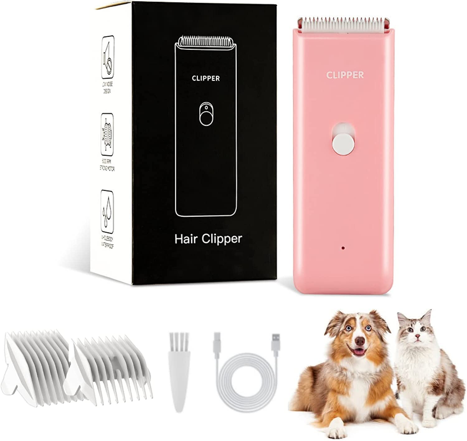 Kit professionale per la toelettatura dei cani, per peli di animali domestici, a basso rumore, ricaricabile e senza fili, per cuccioli, conigli, gatti, rosa