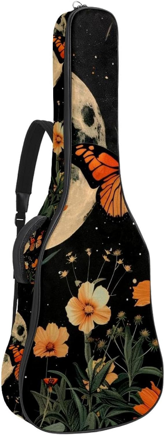 Acoustic Guitar Gig Bag 1 cm Thick Padding, Waterproof Electric Guitar Bag 40-42 Inch Guitar Case Backpack with Dual Shoulder Strap, Orange Butterfly Moon Botanical Floral Plant