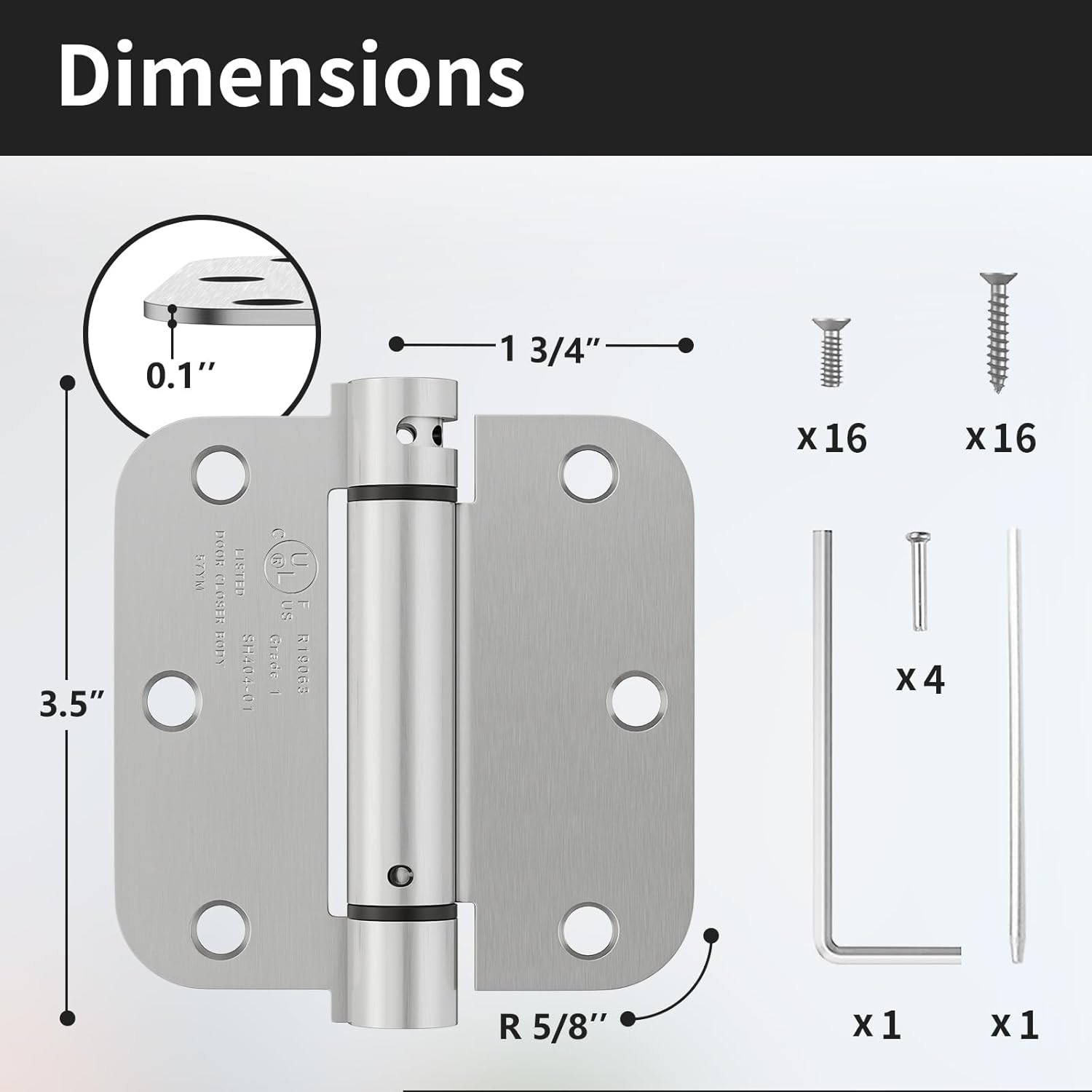 2 Pack Self Closing Door Hinges 3.5 Inch, Spring Door Hinge with 5/8'' Radius Corners, Adjustable Tension for Garage, Front, Back Door, UL Listed, Left and Right Hand, Brushed Nickel