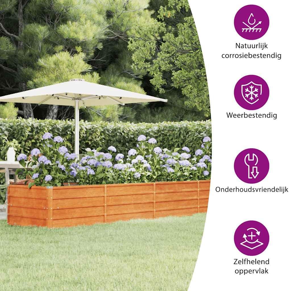 Comparison image showing Corten steel before rusting (grey) and after rusting (brown-orange)