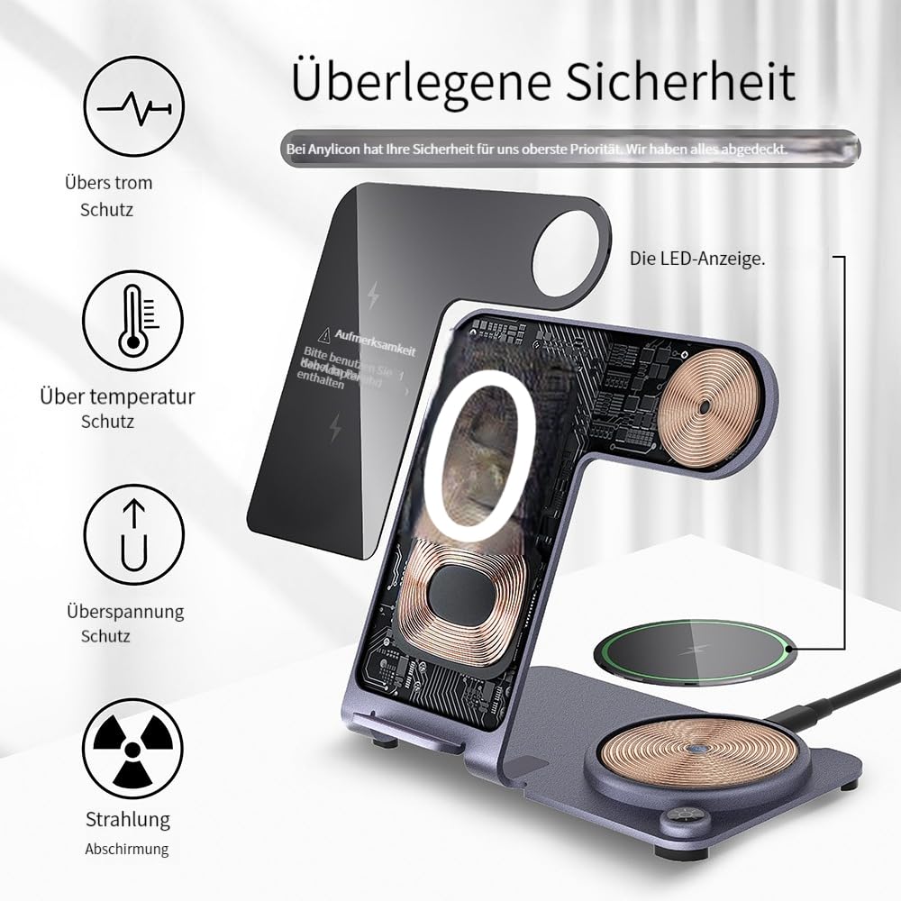 Caricabatterie senza fili in lega di alluminio, 3 in 1 stazione di ricarica wireless per Apple Phone 14, 13, 12, 11 (Pro, ProMax)/XS/X/8 (Plus), iWatch8/7/6/SE/5/4/3/2/:per AirPods 3/2/Pro