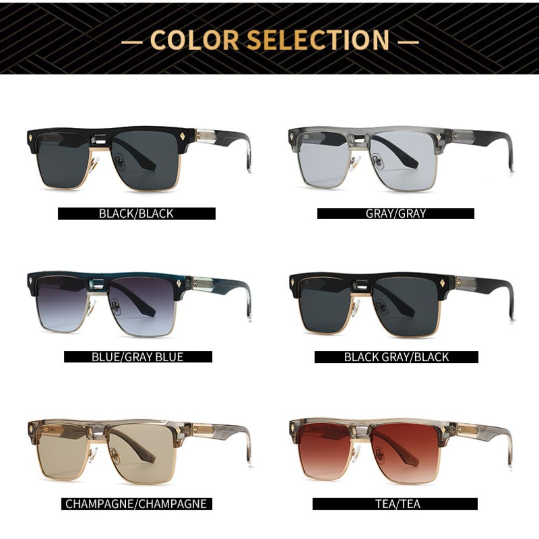 Duże, półramkowe okulary przeciwsłoneczne w stylu retro, z podwójnym mostkiem, modne nity, UV400