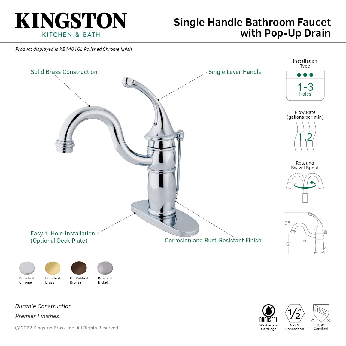 Kingston Brass KB1401GL gruziński blok toaleta bateria z ABS odpływem Pop-up, polerowany chrom