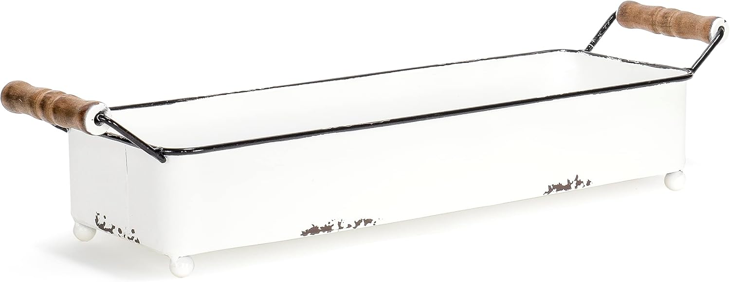 Red Co. 19.5" x 5" Enamelware Metal Serving Tray with Wooden Handles, Distressed White/Black Rim