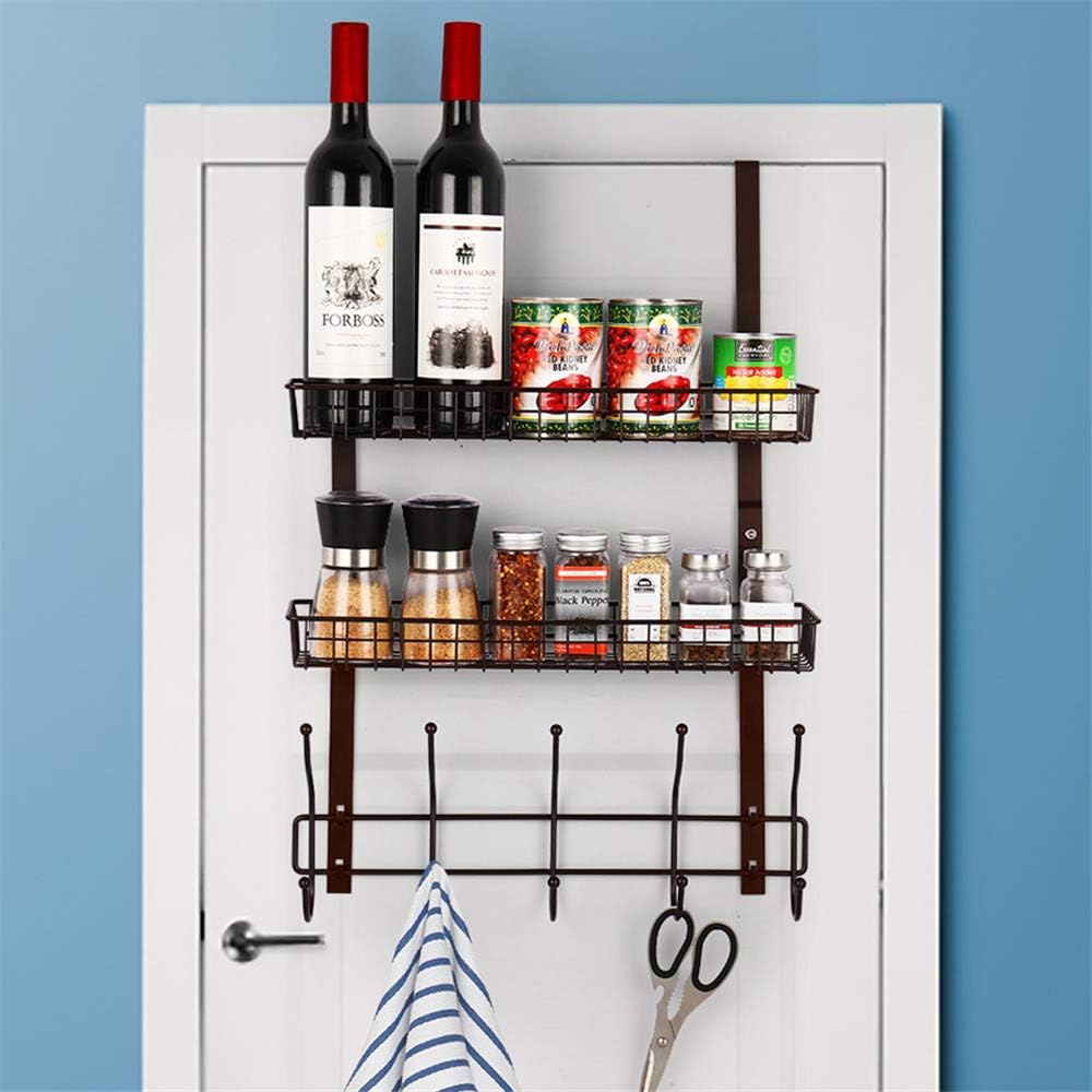 Over The Door Hooks Shelf Organizer Hanger Coat Rack Spice Rack with 2 Mesh Basket 5 Hooks Storage Rack Rustproof for Bathroom Kitchen Storage Shelves, Brown