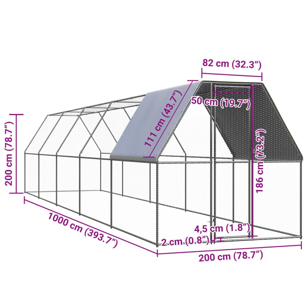 Recinto exterior para animales pequeños, 2 x 10 x 2 m, acero galvanizado con techo de polietileno impermeable y cerradura, adecuado para pollos, conejos, cobayas, patos, pájaros y roedores