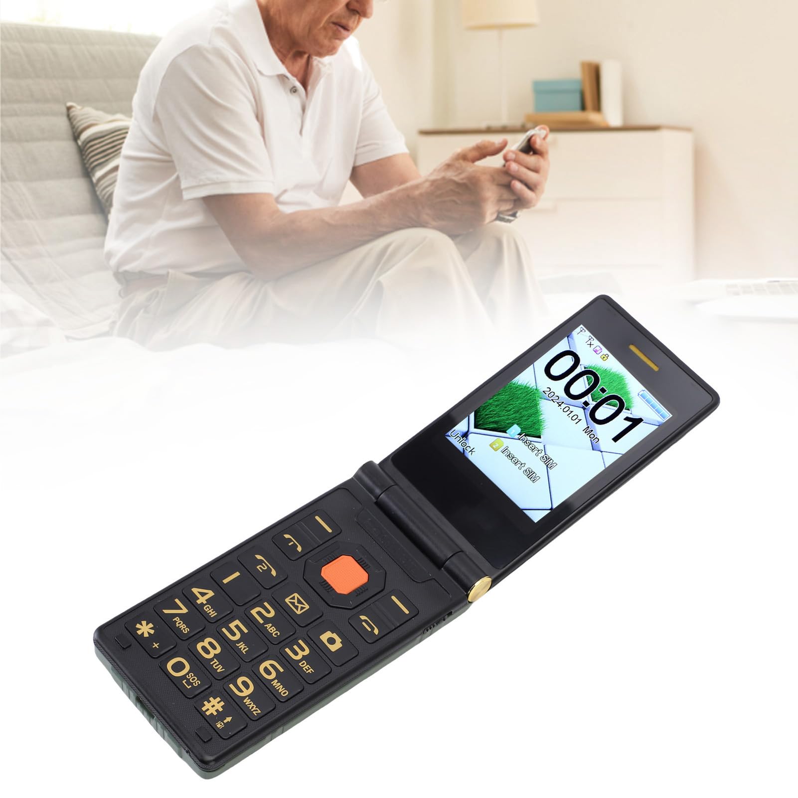 Odwróć Telefon z Dużymi Czcionkami, Transmisja Głosowa, 9 Szybkiego Wybierania, 3,0 „wewnętrzny + 2.6”, Ekran Zewnętrzny, 4800 MAh, Podwójna Karta SIM Odblokowana (GREEN)