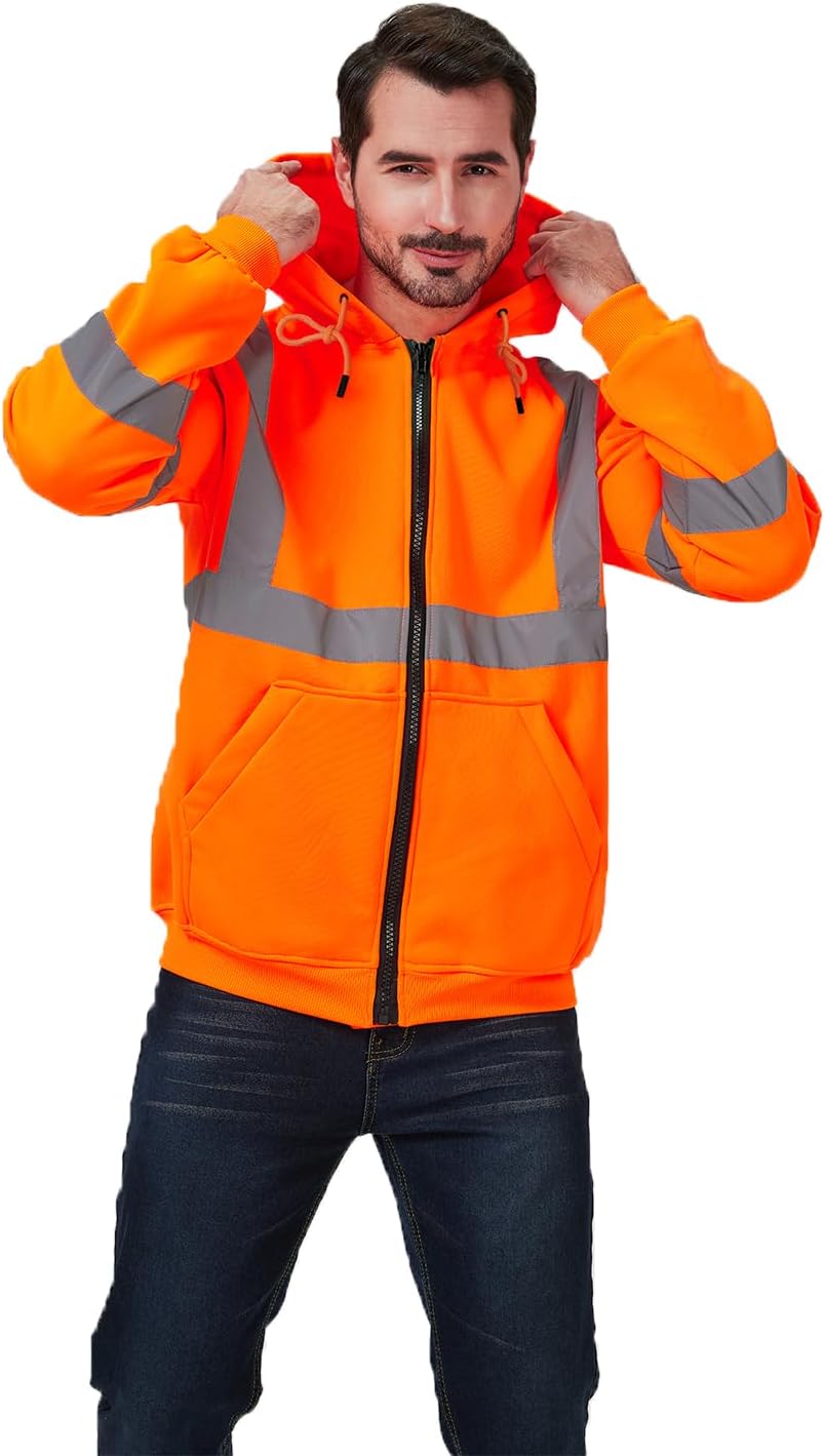 Class 2 High Visibility Safety Hoodie, Reflective Workwear Sweatshirt, Warm Breathable Work Jacket for Men, Zip-Up